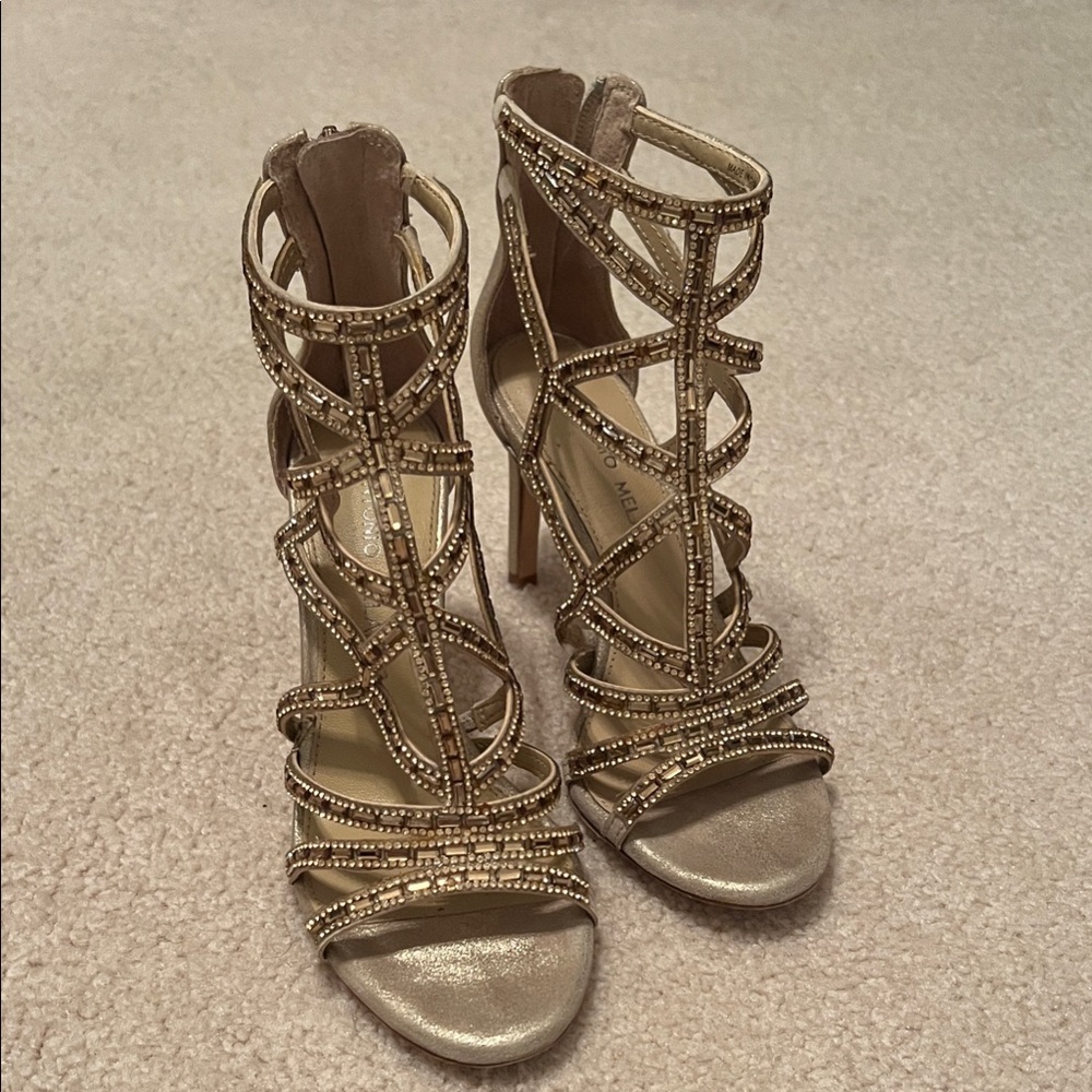 ANTONIO MELANI Gold Beaded Strappy High Heel Sandals